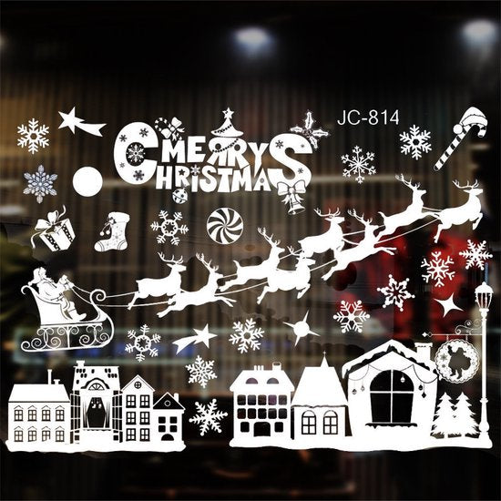 Kerst Raamstickers met Kerstdorp en Winterse Figuren - Herbruikbaar & Statisch Hechtend - 50x35.5 cm-wit