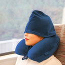 Opblaasbaar nekkussen H-vorm met capuchon - Marineblauw