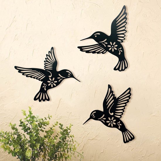 Kolibrie Wanddecoratie Metaal – Set van 3 – Zwart Smeedijzer