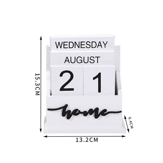 Houten Eeuwigdurende Kalender met 'Home' Design – Stijlvolle Handmatige Datumweergave voor Thuis & Kantoor-wit