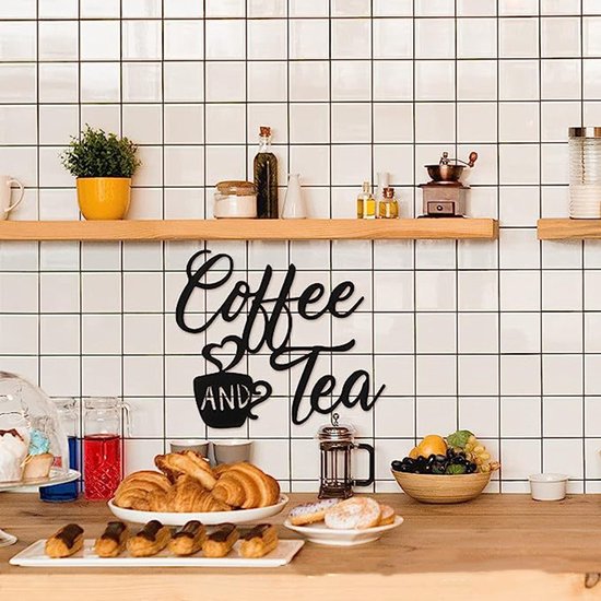 "COFFEE AND TEA" Luxe Metalen Wandbord- Artistiek Koffiekop Ontwerp wanddecoratie voor Keuken & Eetkamer - Duurzaam IJzeren Kunstwerk-zwart