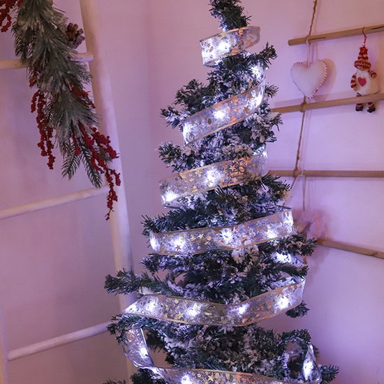 LED Kerstboom Licht Lint- 5 Meter 50 LED Lichtjes-werkt op batterij-kerstdecoratie-Wit Licht-zilver