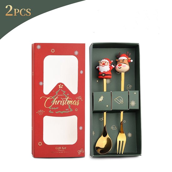 4 delige (8 stuks) Luxe Kerst Bestekset – Theelepels & Vorken met Unieke Kerstfiguren – Feestelijk Cadeau-goud