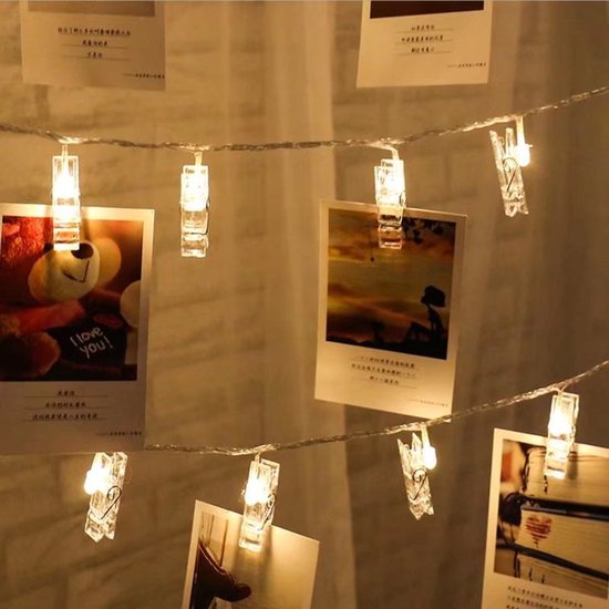 Fotoclip Lichtsnoer - 3 Meter - 20 Lampjes met Fotoclips, Batterij + USB-model voor Dubbel Gebruik
