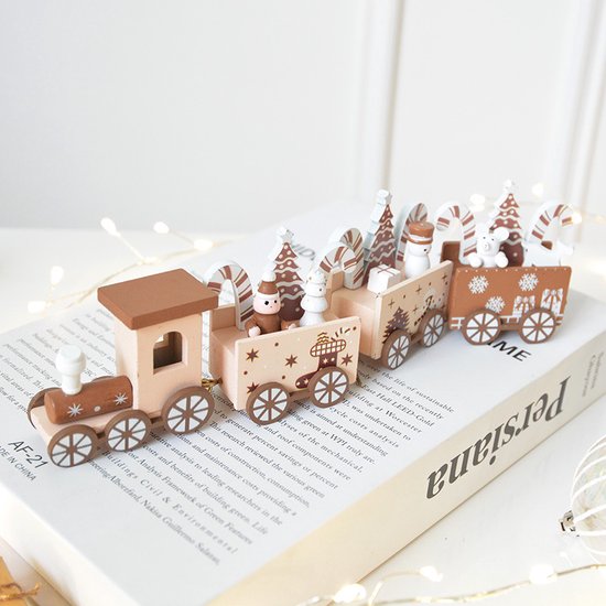 Luxe Houten Kersttrein - Kerstdecoratie - Kerstbomen, Cadeautjes en Snoepstokken - Nostalgische Feestsfeer- Bruin/Wit