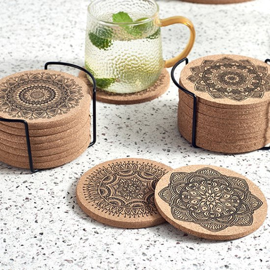12 stuks Kurken Onderzetters met houder voor Glazen met Mandala Prints