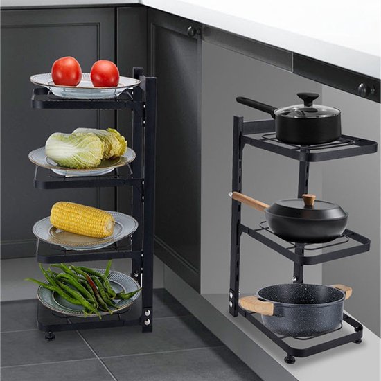 4 Lagen Verstelbaar Pannenrek van Premium Koolstofstaal - Ruimtebesparend, Multifunctioneel & Stevig - Perfect voor Potten, Pannen & Keukengerei-zwart
