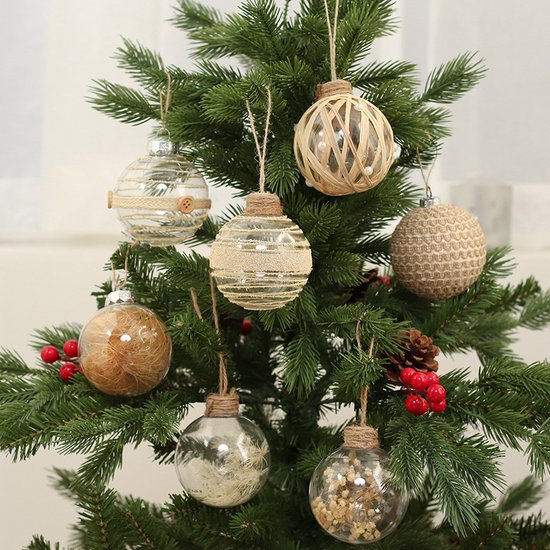 Set van 18 Luxe Transparante Kerstballen - Natuurlijk Design met Jute, Bloemen en Vezels - Duurzaam en Herbruikbaar-Ø 7.8 cm