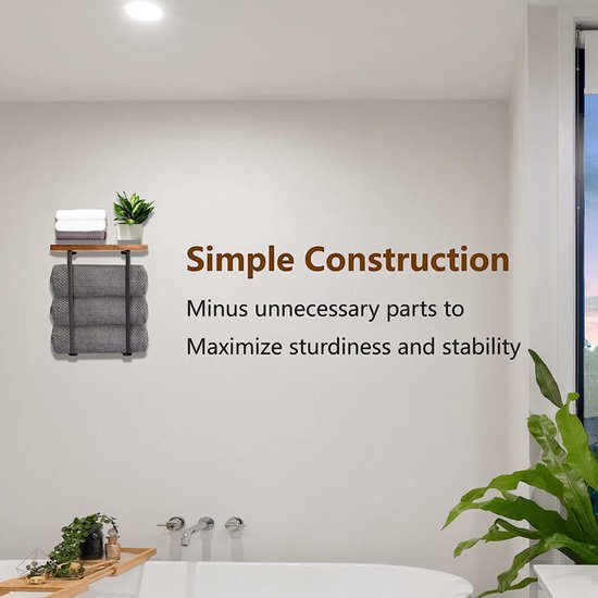Handdoekrek met Houten Plank -Combineer Stijl en Functionaliteit-zwart