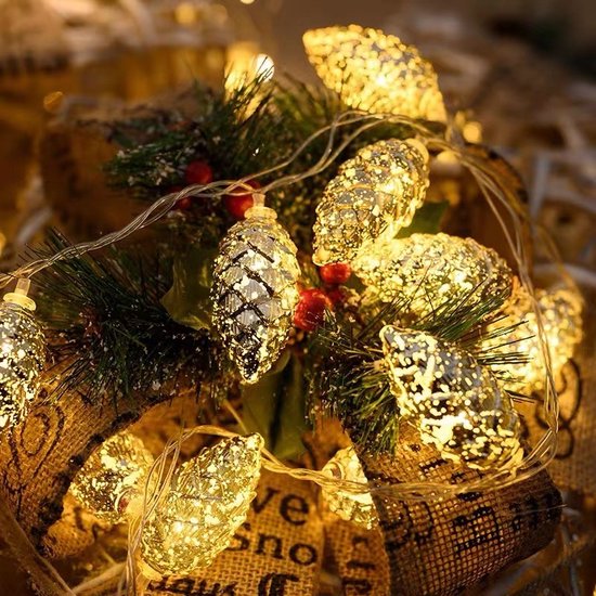 Kerstverlichting Zilveren Dennenappels op Batterij – 2 Meter Lichtketting met 10 Sfeervolle Lampjes - Feestelijke Decoratie - Warm Wit Licht-zilver