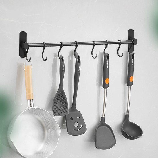Keukengerei wandbeugel 8 haken, aluminium 49,5 cm zwart