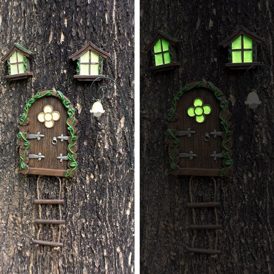 Sprookjesdeur Set - Tuinbeeld met Lichtgevende Ramen en Deur - Elf Decoratie - Polystone - 20,5x17x5,5 cm