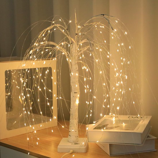 Stijlvolle LED Wilgenboom Lamp 50cm hoog met 7 modi-voor Woonkamer en Slaapkamer - Dual Power (USB & Batterij), Warm Wit Sfeerlicht, Energiezuinig & Veelzijdig Design-wit