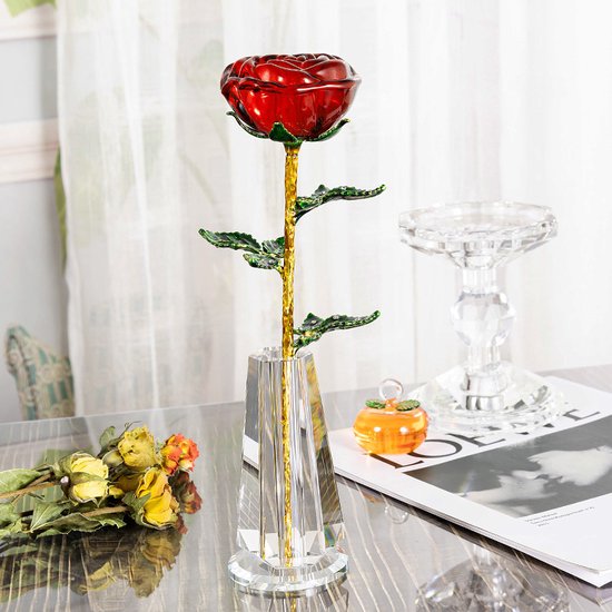 Glazen Vaas met Rode Roos - Decoratief & Elegant - Rood