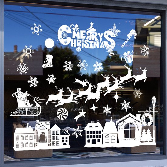 Kerst Raamstickers met Kerstdorp en Winterse Figuren - Herbruikbaar & Statisch Hechtend - 50x35.5 cm-wit