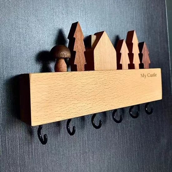 houten Sleutelkastje met zwarte haakjes-decoratieve sleutelrek-6 haakjes