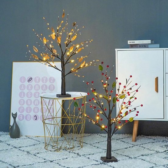 Kunstmatige Rode Fruitboom Lamp - Flexibele LED Verlichting - Sfeerlicht voor Woonkamer en Slaapkamer - Batterijbediening - 33cm x 54cm x 10cm