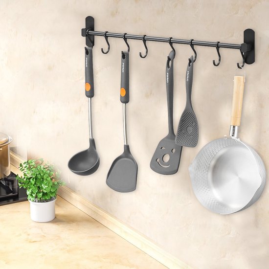 Ruimtebesparende Keukengerei Wandbeugel-keukengereihouder met 8haakjes-Aluminium Keukenrail -49.5CM-zwart