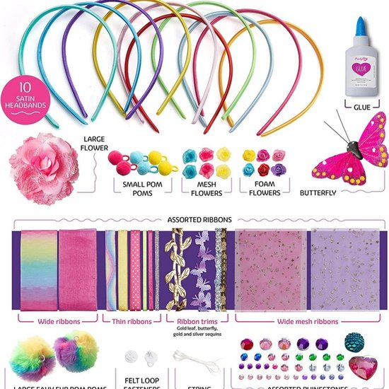 DIY Haarband Knutselset voor Kinderen – Complete Creatieve Haaraccessoire Set – Maak 10 Unieke Haarbanden – Cadeau voor Meisjes – 50+ Onderdelen