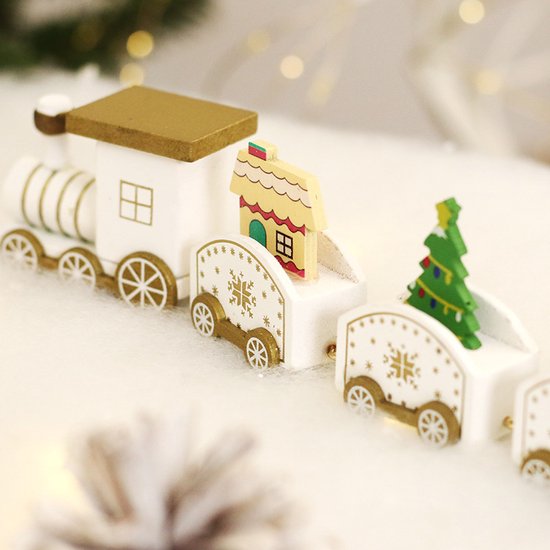 Luxe Houten Kersttrein - Nostalgische Kerstdecoratie - Gouden Accenten voor een Warme Feestsfeer - Wit/Goud
