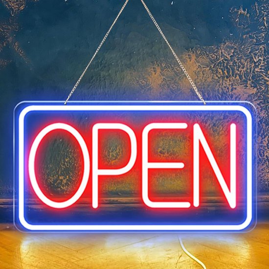 LED Neon Open Bord – Lichtreclame – 42x22cm – Rood/Blauw – Voor Binnen & Buiten – Inclusief Ophangketting