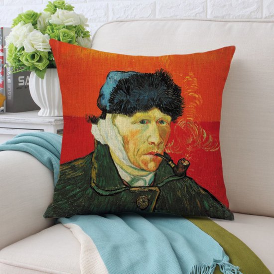 TDR - Sierkussensloop - van katoen en linnen - 45 x 45 cm - Thema: van Gogh , Zelfportret Met Verbonden Oor en pijp 45*45cm