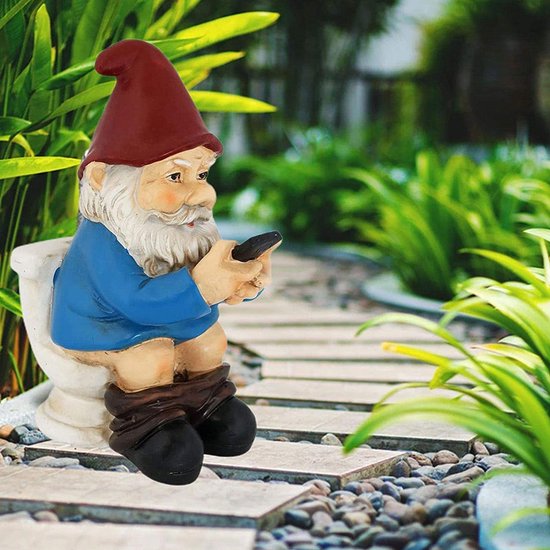 Grappige Kabouter Tuinornamenten-Kabouter op het Toilet met Mobiele Telefoon 5*7*12,5cm