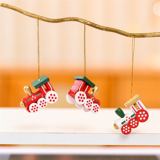 6 delige Houten kersthangers in de Vorm van Treinen – Kerstdecoratie in Cadeaubox