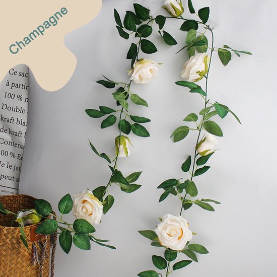 2 Stuks Rozen Slinger - Kunstbloemen slinger - Balkon decoratie - Zomerbloem- 145cm - Klimroos Light Champagne - Bruiloft Decoratie – Trouwen -Trouwdag bloemen