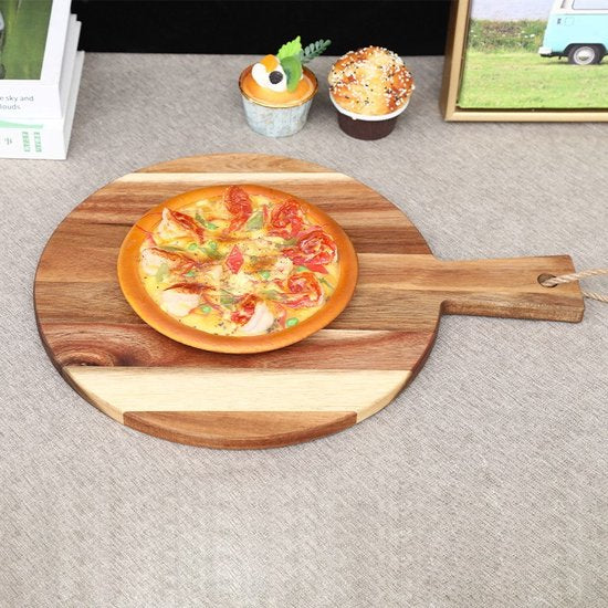 Stijlvolle Ronde Houten Pizzaplank met Handvat - Borrel- en Serveerplank - Perfect voor Hapjes - Duurzaam Hout - Multifunctioneel Gebruik-Ø30cm