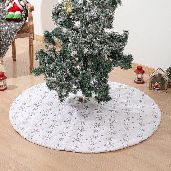 Elegante Kerstboomrok - 122 cm - Wit met Kleurrijke Sneeuwvlokken en Luxe Afwerking-Een Feestelijke Toevoeging aan Je Kerstdecoratie