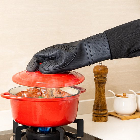 2 Stuks/1 Paar Siliconen Ovenwanten met Zachte Katoenen Voering , Extra Lange Hittebestendige Ovenhandschoenen Voor Bakken, Koken, Grillen-zwart