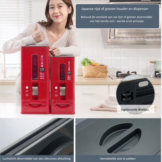 TDR-Japans Rijst/Granen Container/Dispenser/ Opbergdoos - 12KG inhoud - rood