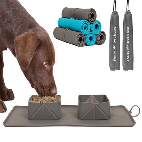 Opvouwbare Outdoor Draagbare Voerbak voor Huisdieren -katten en honden drinkbak- ideaal voor op reis en onderweg - met draagtas-Grijs 38X23.5cm