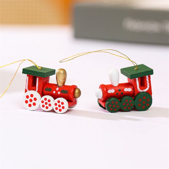 6 delige Houten kersthangers in de Vorm van Treinen – Kerstdecoratie in Cadeaubox