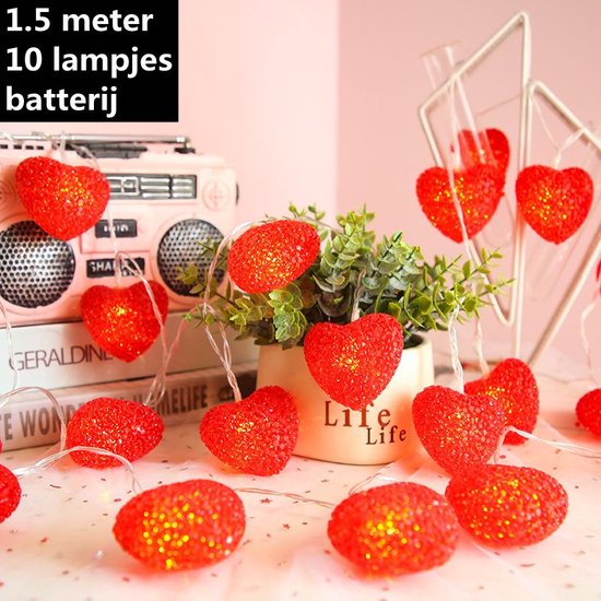Merkloos LED Hartvormige Lichtslinger - 1,5m, 10-LED, Rood