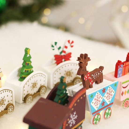 Luxe Houten Kersttrein - Kerstdecoratie - Rendier, Cadeautjes en Kerstboom - Nostalgische Feestsfeer -Groen/Rood