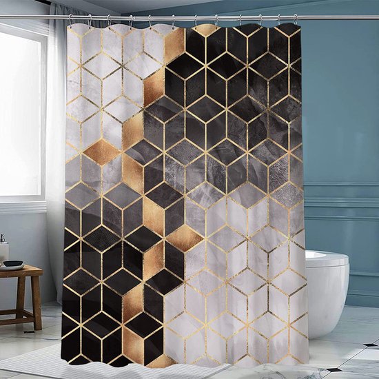 Waterdicht douchegordijn marmerpatroon 180x200CM zwart/goud