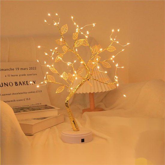 LED Firefly Boomlamp – 72 Warmwitte Lampjes – Goudkleurig – Sfeervolle Tafellamp – Batterij – Blad Design – Binnenverlichting