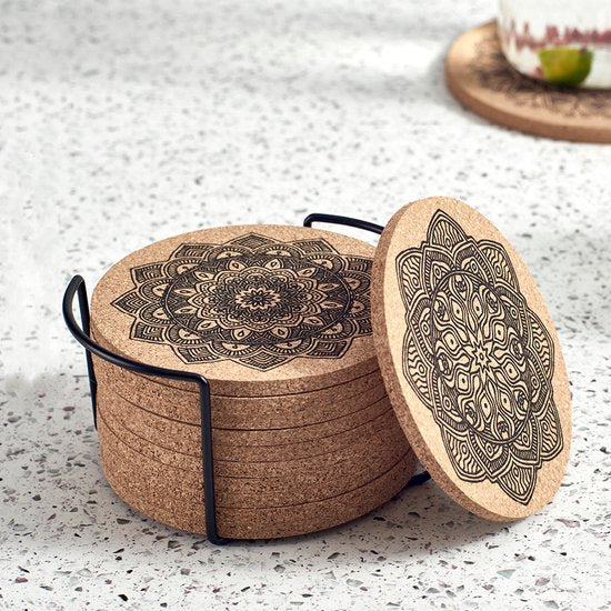 12 stuks Kurken Onderzetters met houder voor Glazen met Mandala-Prints - Stijlvolle en Natuurlijke Bescherming voor Uw Tafel - Rond - Duurzaam - Antislip - Hittebestendig