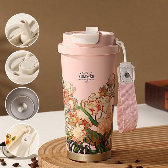 Thermos Mok Bloemprint 500ml Roze - Dubbelwandig Lekvrij