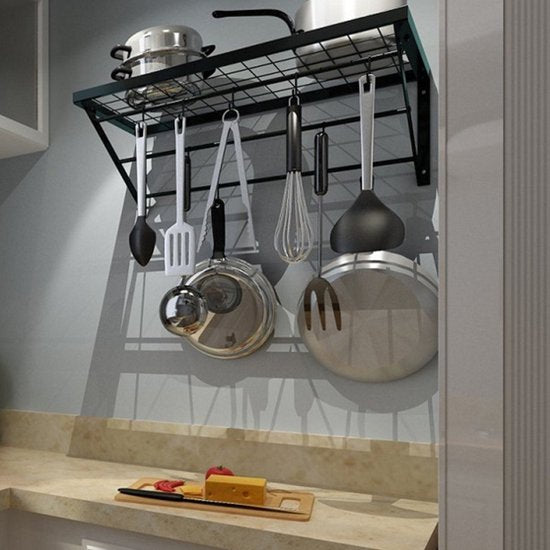 Stijlvol en Duurzaam Metalen Keukenrek met 10 Haken-Opbergrek voor Pannen en keukengerei-60*30*23cm-zwart