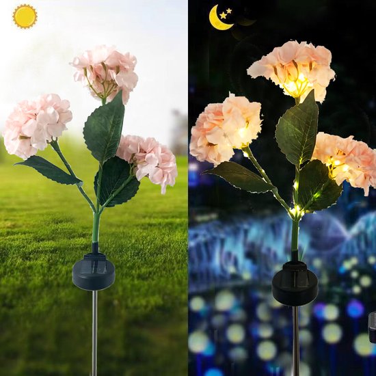 zonne-energie Hortensia Terraslamp voor Sfeervolle Buitenverlichting -Met dag en nacht sensor-IP55-75,5 cm hoog-roze