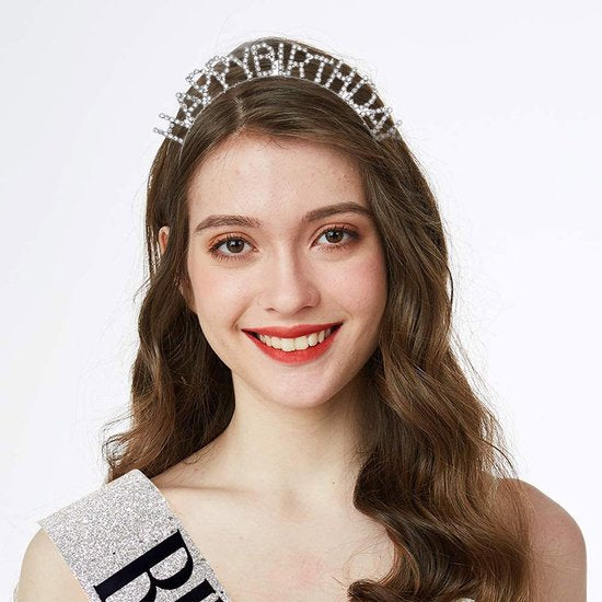 Happy Birthday Tiara en Sjerp-Met text "Birthday Queen"- Ideaal als Cadeau voor Verjaardagen-birthday diadeem-Zilver
