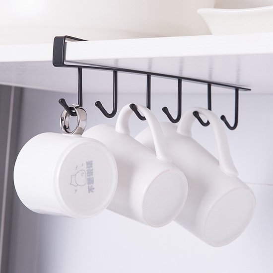 Keukenhaak Onder Plank – Set van 4 – Metaal – Zwart – 6 Haken – Ophangrek voor Keukengerei, Mok, Handdoek – afbeelding 8