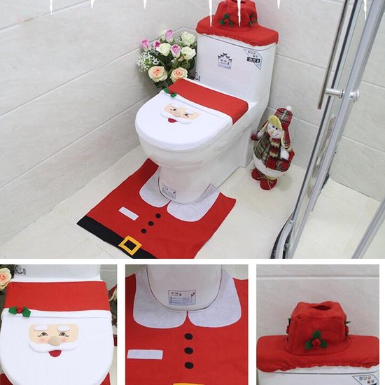 4-delige Kerstdecoratieset voor het Toilet-Toiletdecoratie met Kerstman-thema-Vrolijke Kerstsfeer met Santa-design-rood