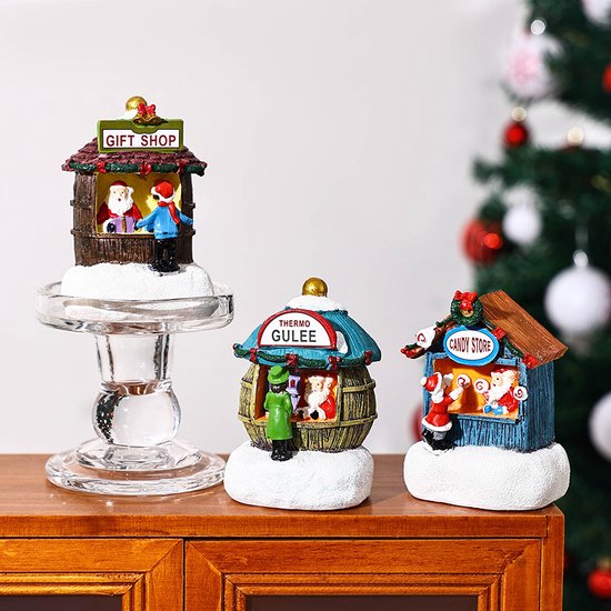 6 stuks Mini Kerstdorp met LED-verlichting – Cadeauwinkel, Snoepwinkel & Thermo Gulee-betoverende kerstsfeer