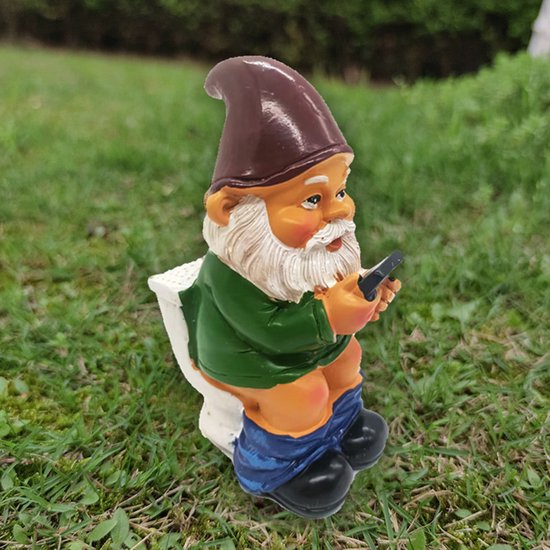 Grappige Kabouter Tuinornamenten-Kabouter op het Toilet met Mobiele Telefoon 5*7*12,5cm