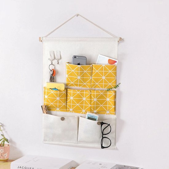 Hangende organizer 7 vakken katoen geel 45x74 cm