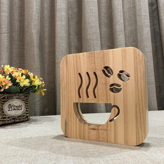 Houten Tafellamp / Nachtlamp - LED - Koffie figuur